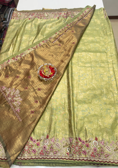 Tissue Silk Saree with Embroidery, Sequin, and Mirror Work Border – Festive Saree for Women