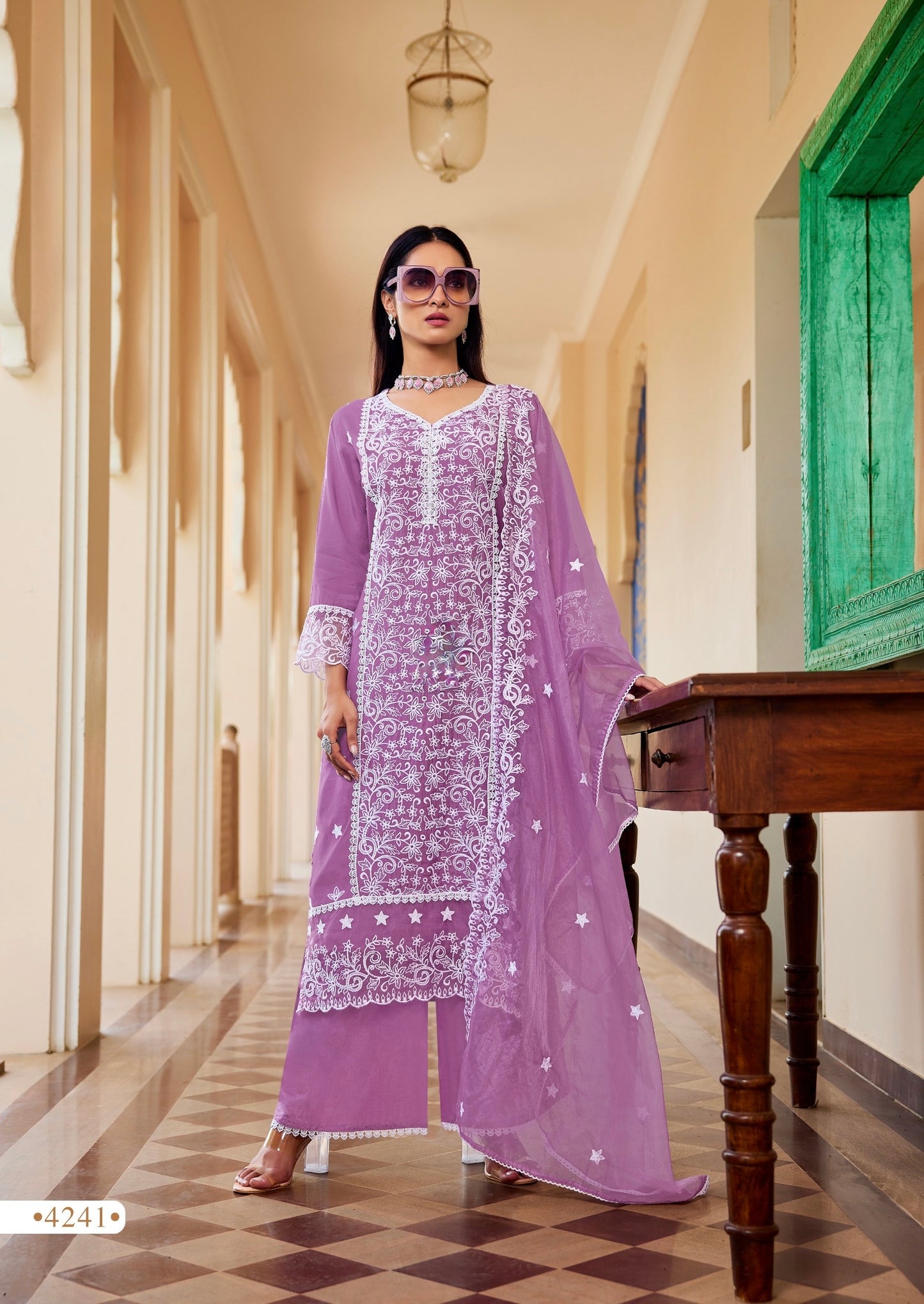 Muslin Kurti Palazzo Dupatta Set with Embroidery and Organza Dupatta for Women – L to 3XL