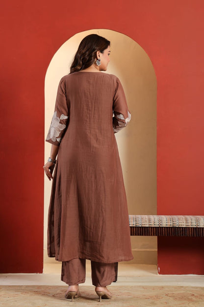 Mul Chanderi Kurta Set with Pintuck and Floral Embroidery, Shantoon Pant and Chanderi Dupatta