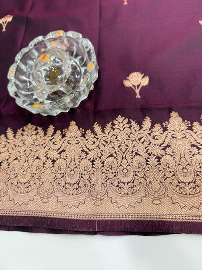 Soft silk saree with woven floral border and contrast brocade blouse piece