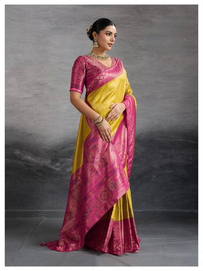 Kanjivaram Soft Silk Saree with Double Zari Kadiyal Border, Meenakari Pallu and Brocade Blouse