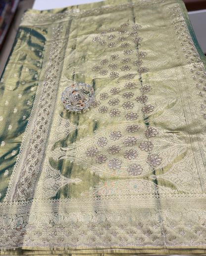 Rich Tissue Silk Saree with Heavy Zari Weaving and Ornate Border for Women