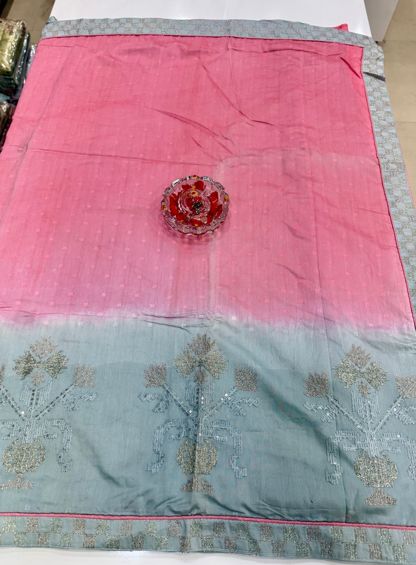 Omber shaded Silk Saree with Embroidery Lace Work, Patchwork and Art Silk Blouse