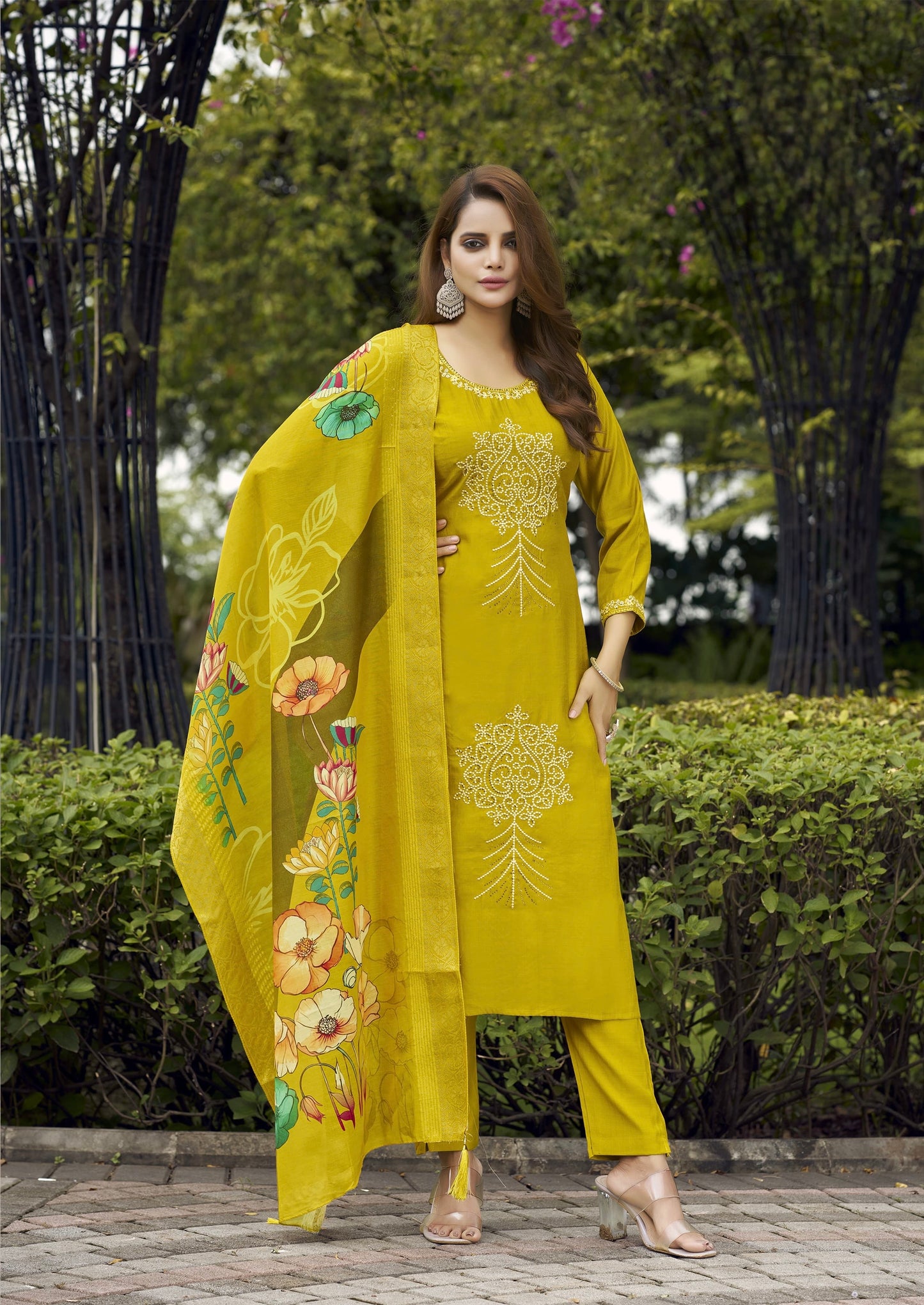 Viscose Vatican 3-Piece Straight Suit Set with Muslin Jacquard Dupatta and Swarovski Work for Women