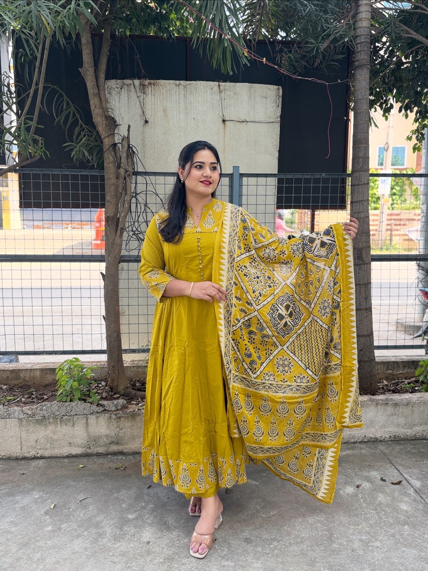 Cotton Printed Anarkali Suit Set with Embroidered Yoke and Dupatta – Mustard Yellow (Women’s Ethnic Wear)