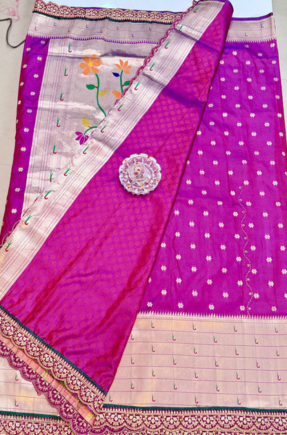 Paithani Lace Border Saree with Parrot Motifs and Contrast Blouse