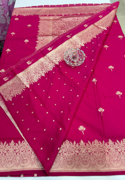 Soft silk saree with woven floral border and contrast brocade blouse piece