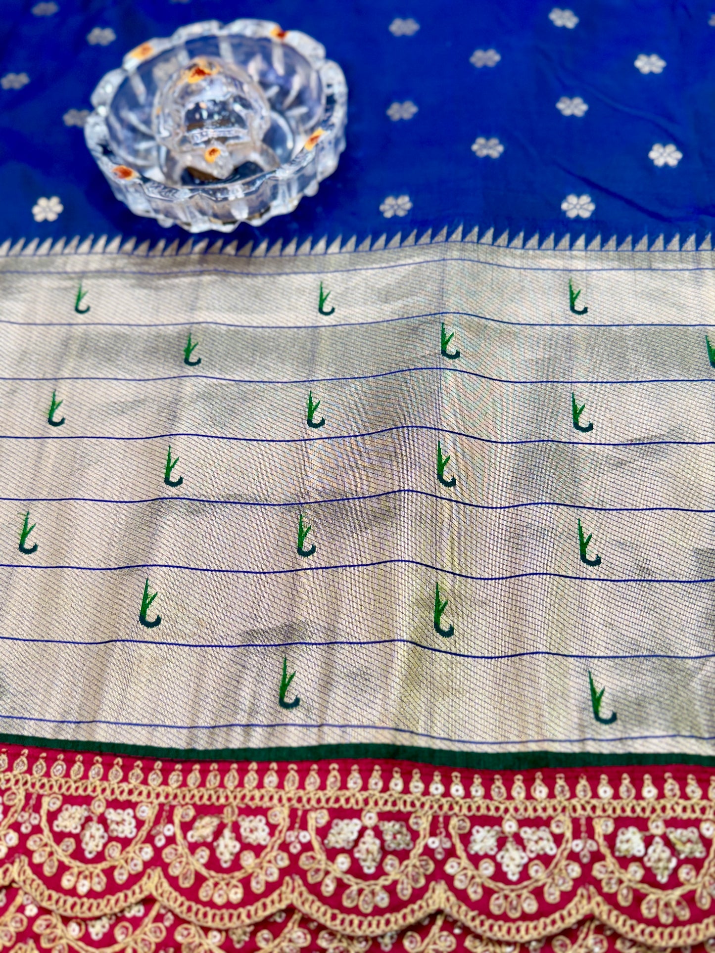 Paithani Lace Border Saree with Parrot Motifs and Contrast Blouse