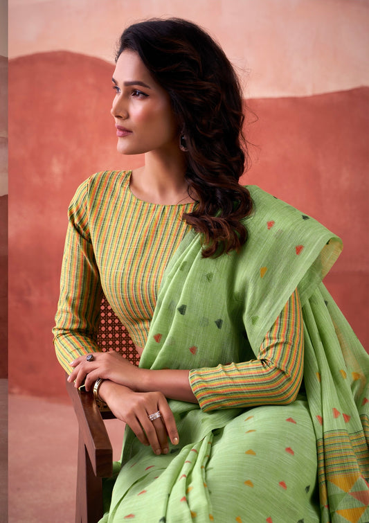 linen silk printed saree with geometric pallu and multicolor motifs – ethnic wear for women