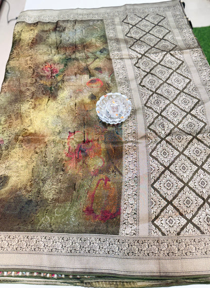 Tissue Zari Silk Saree with Digital Print and Woven Border – Premium Festive and Wedding Saree for Women