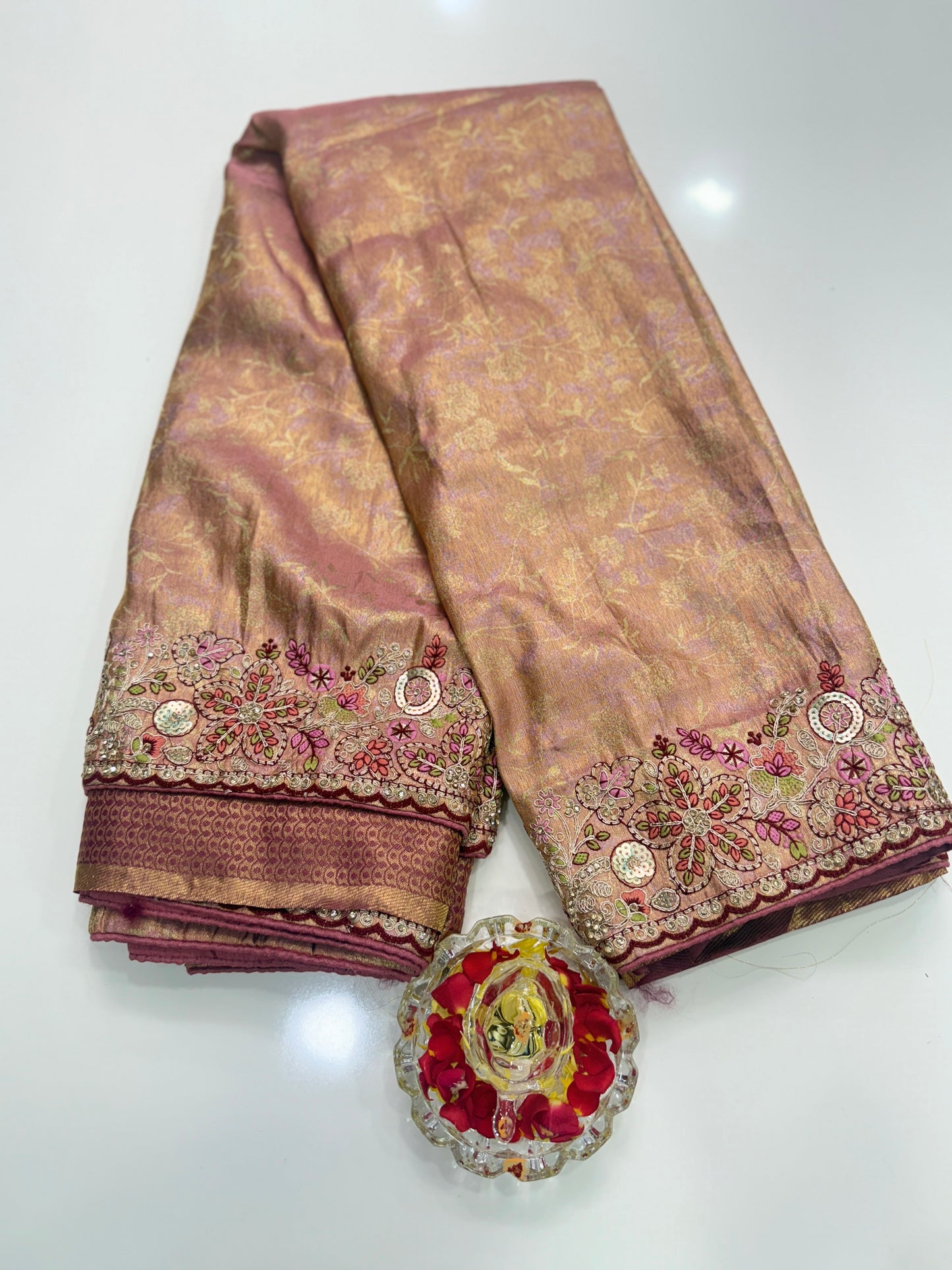 Tissue Silk Saree with Embroidery, Sequin, and Mirror Work Border – Festive Saree for Women