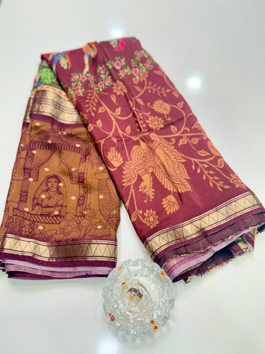 Mysore-Style Viscose Crepe Saree with Zari Border and Digital Heritage Print for Women