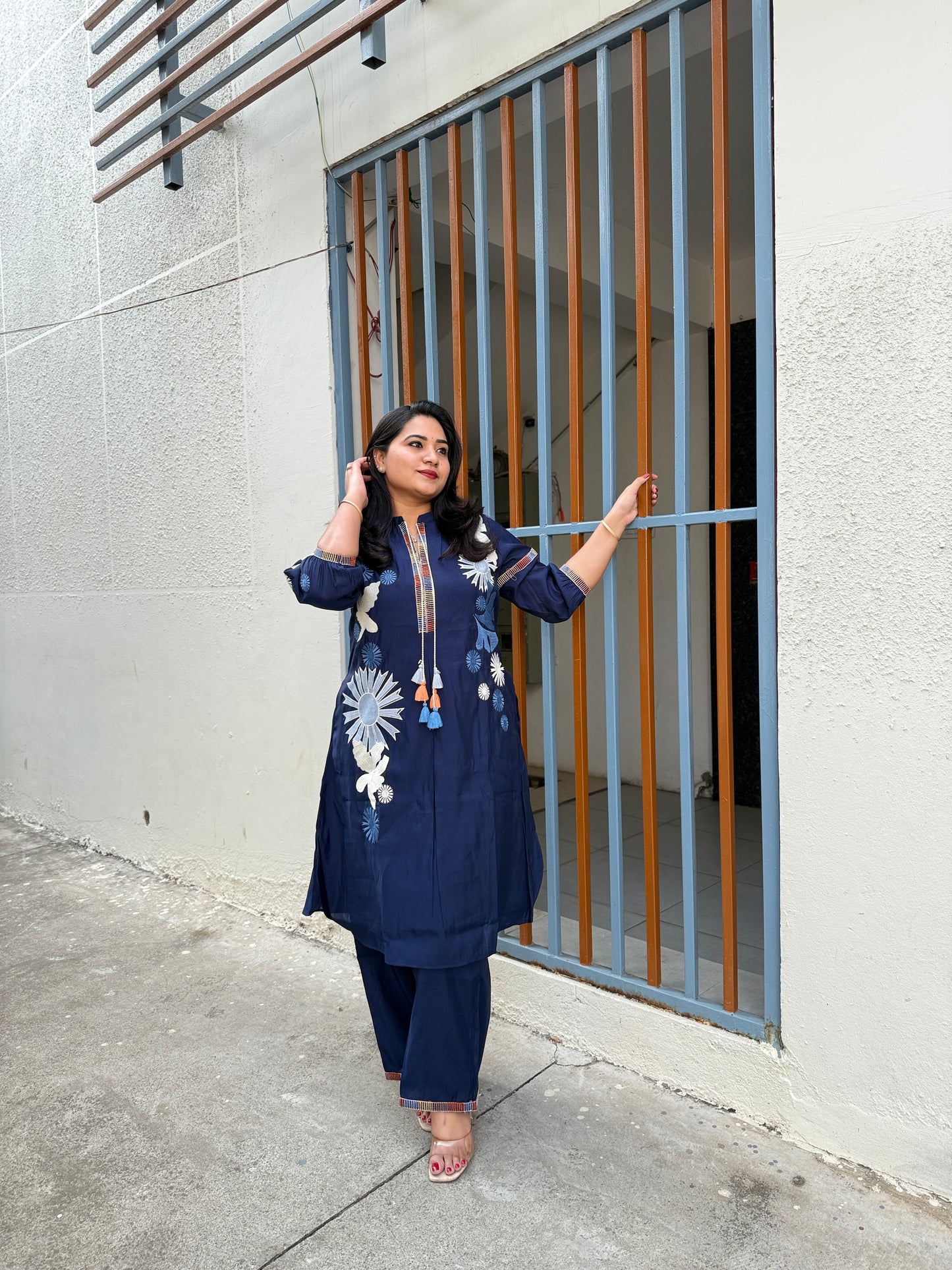 Navy Blue Roman Silk Embroidered Kurta Pant Set for Women – Elegant Two-Piece Festive and Semi-Formal Outfit