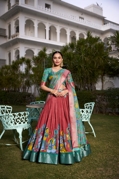 Printed Kalamkari Lehenga With Zari Weaving Border