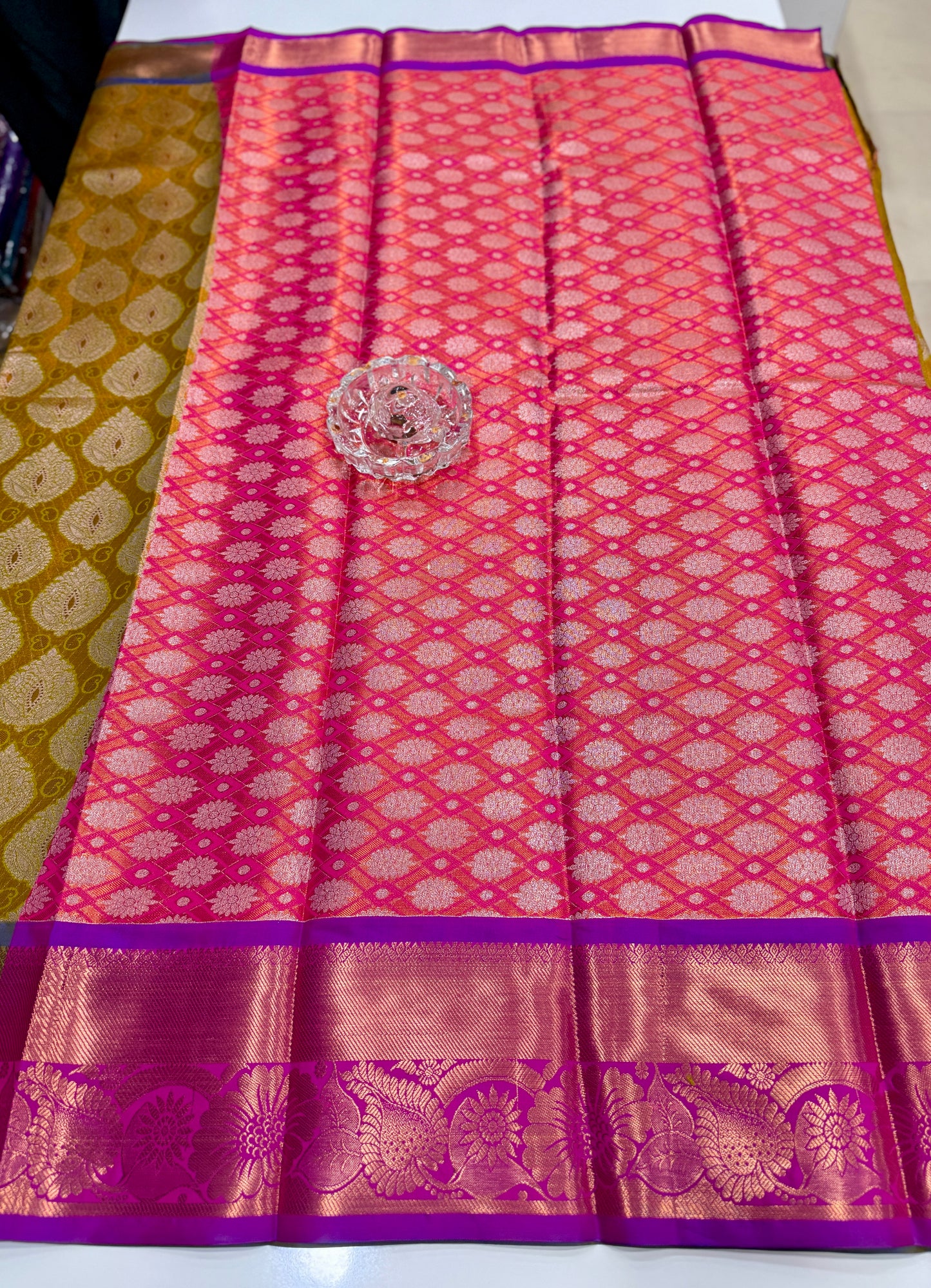 Bridal tissue saree for women with woven zari work and contrast border, kanchipuram style powerloom saree with blouse fabric