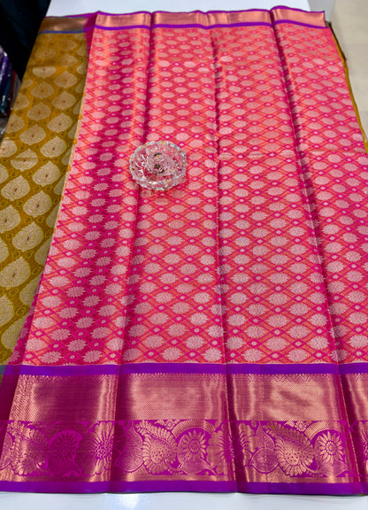 Bridal tissue saree for women with woven zari work and contrast border, kanchipuram style powerloom saree with blouse fabric