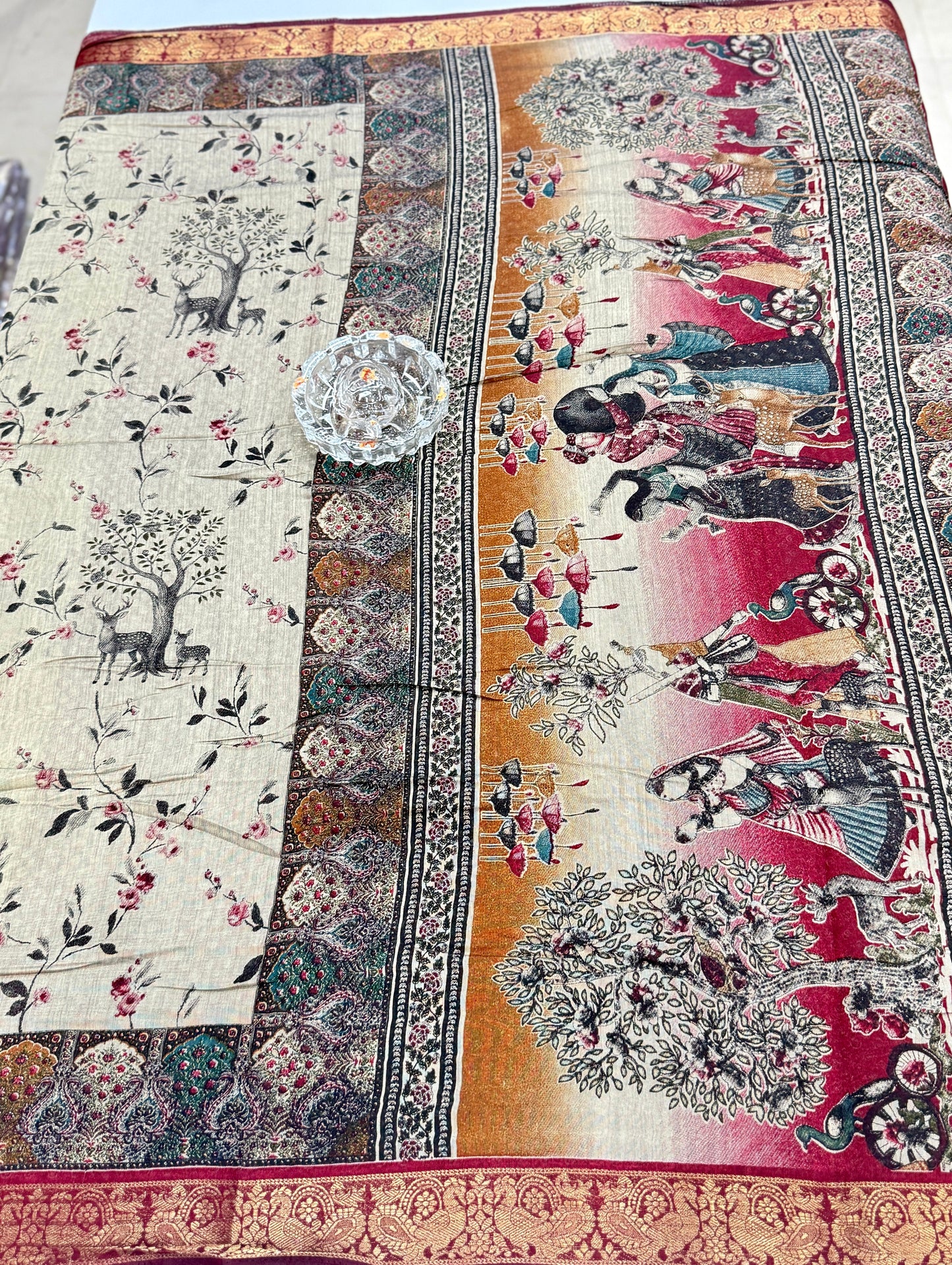 Chennuri silk style printed saree with traditional artwork border and unstitched blouse fabric for women