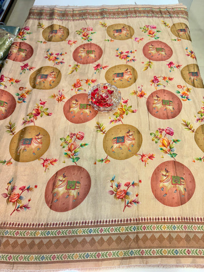 Pure Ziraf Silk Printed Saree with Elephant and Floral Motifs – Lightweight Soft Silk Saree for Women