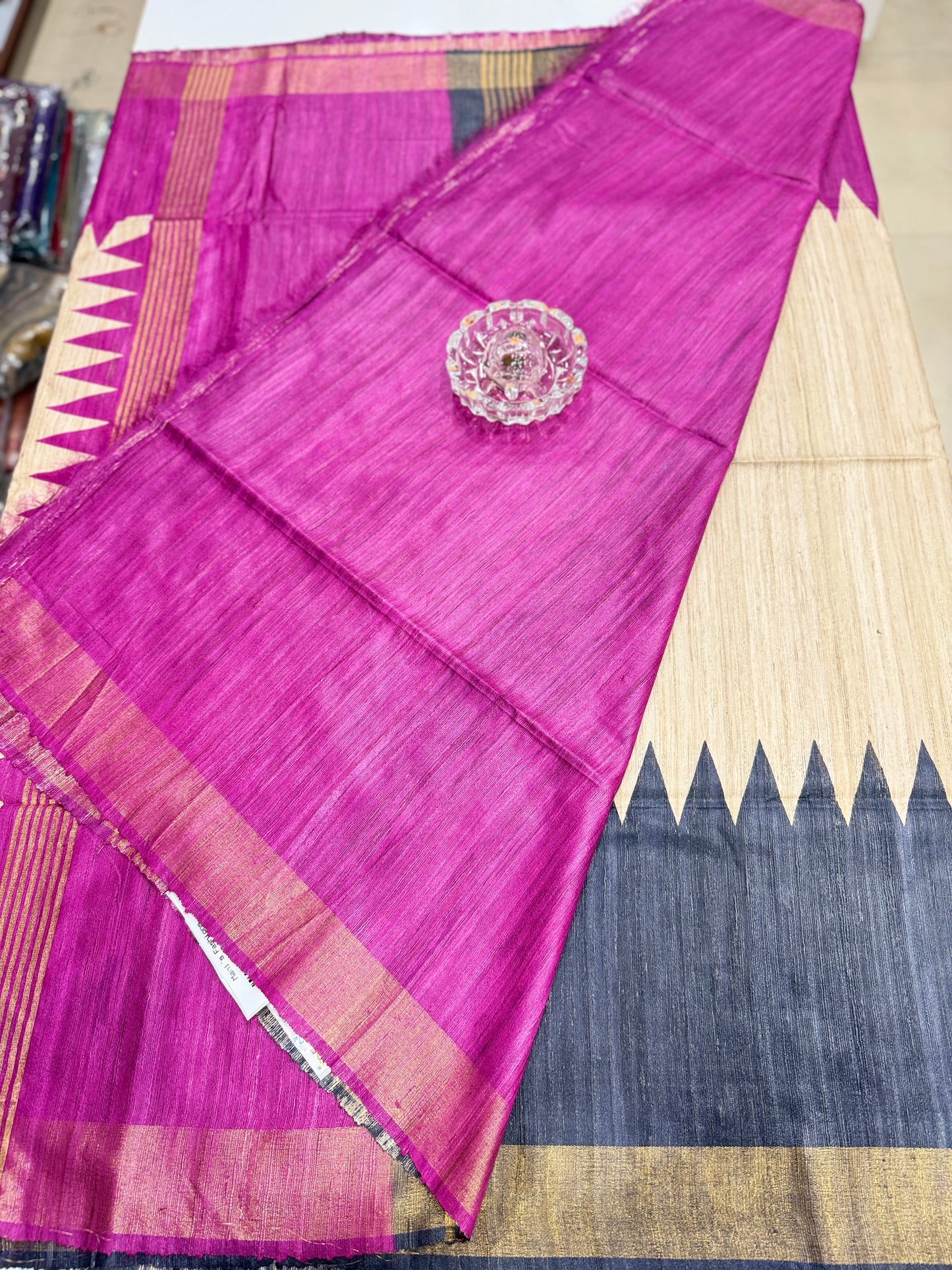 Pure Tussar Ghicha Silk Saree with Zari Border and Printed Design – Silk Mark Certified Handloom Saree