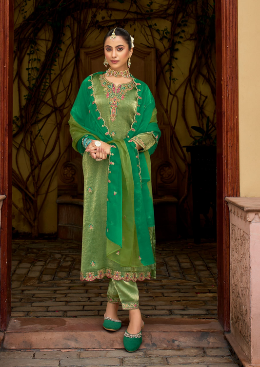 Burberry Silk Kurta Pant Set with Fancy Work and Organza Double-Tone Dupatta for Women