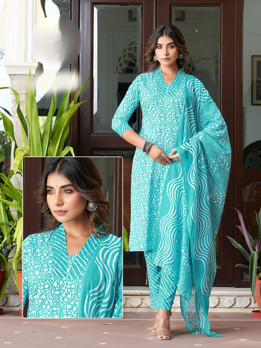 Cotton Print Kurta Pant Dupatta Set for Women with Mul Dupatta – Plus Size Options 2XL to 5XL