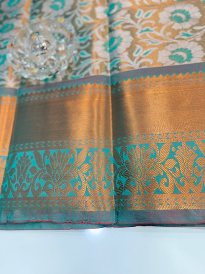 Bridal tissue saree for women with woven zari work and contrast border, kanchipuram style powerloom saree with blouse fabric