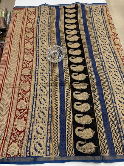 Pure Chanderi Silk Saree with Intricate Handblock Print and Blouse Piece – Traditional Wear for Women