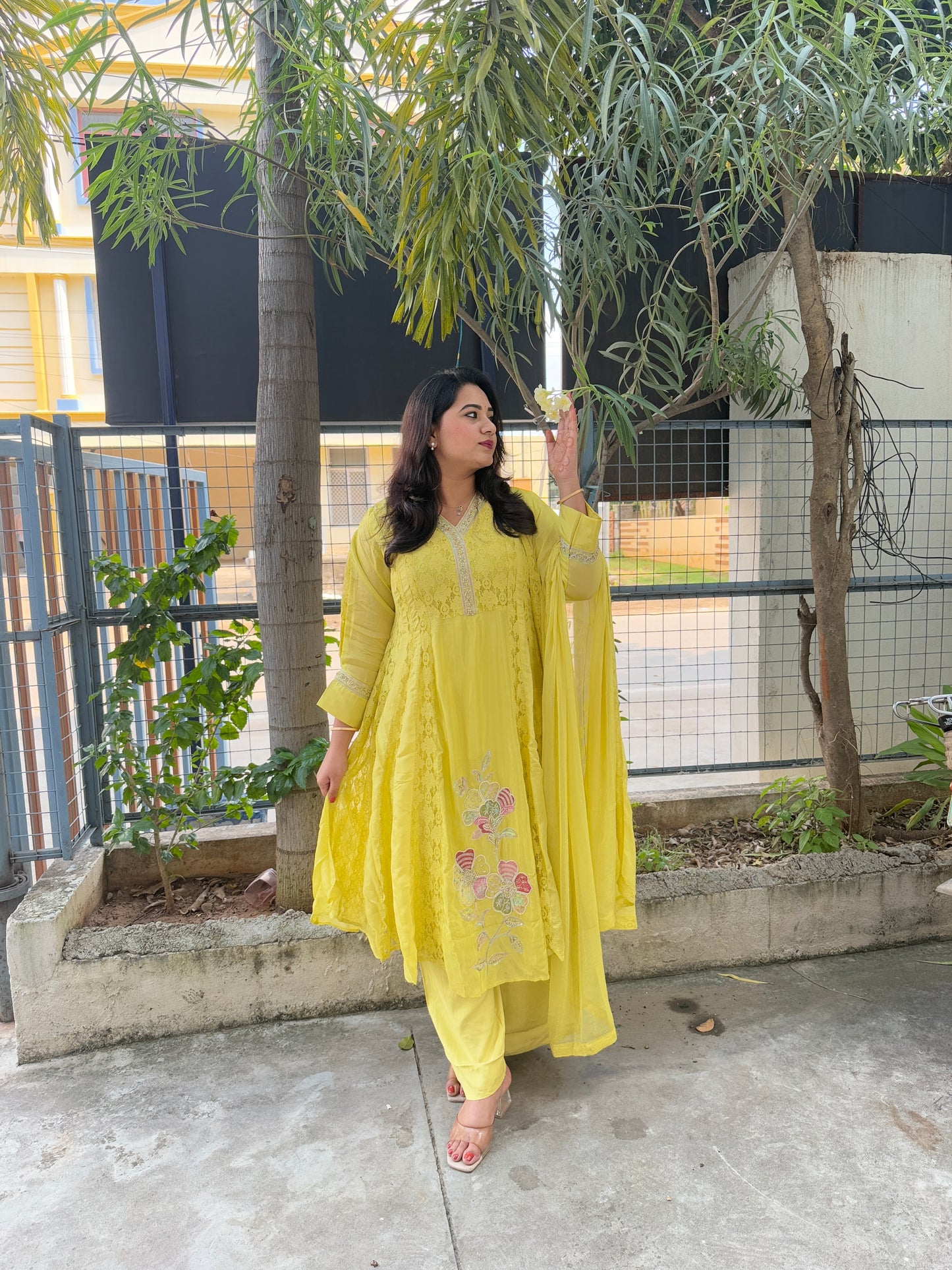 Glass organza and cotton schiffli kurta set with moti, sequence and cutdana work, cotton pant and chiffon dupatta – sizes 38–44