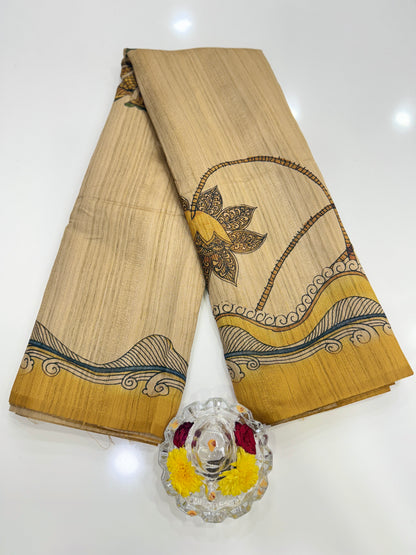 Silk Blend Printed Saree with Traditional Art Motifs and Glossy Texture – Festive Wear for Women