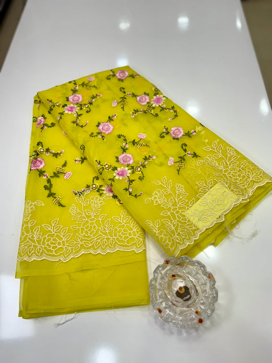 Kora Banarasi Saree with Floral Embroidery and Woven Border – Lightweight Festive Wear