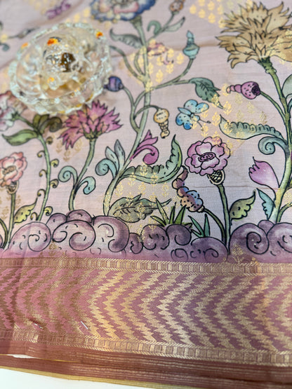 Bamboo Silk Floral Printed Saree with Rich Decorative Pallu, Rich Floral Kalamkari Style Prints