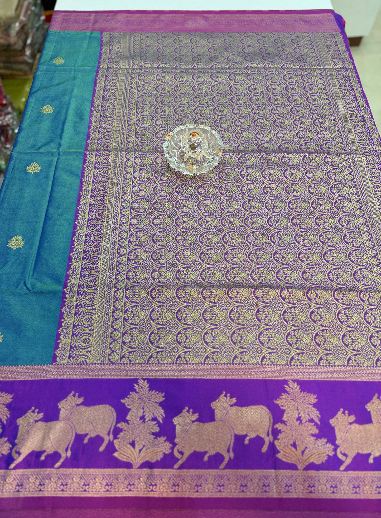 Handloom styled Silk Pichwai Saree with Woven Border and Contrast Blouse