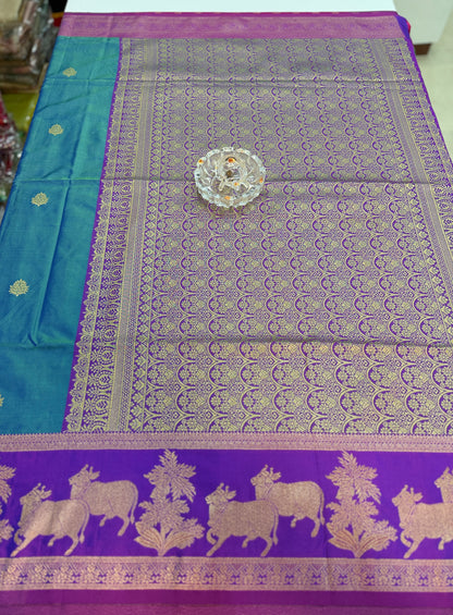 Handloom styled Silk Pichwai Saree with Woven Border and Contrast Blouse