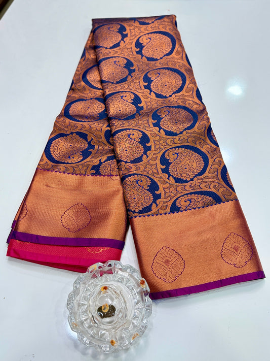 Bridal Kanchipuram Style Silk Saree with Rich Zari Border – Festive Wear