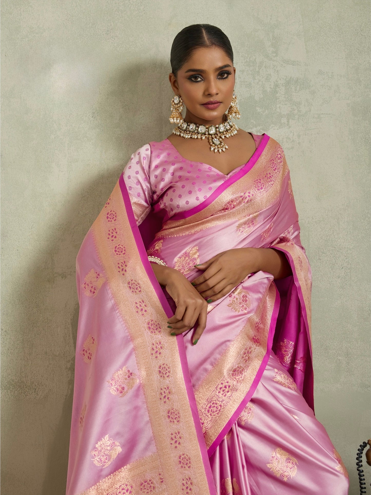 Satin Silk Saree with Zari Weaving and Meenakari Pallu for Women