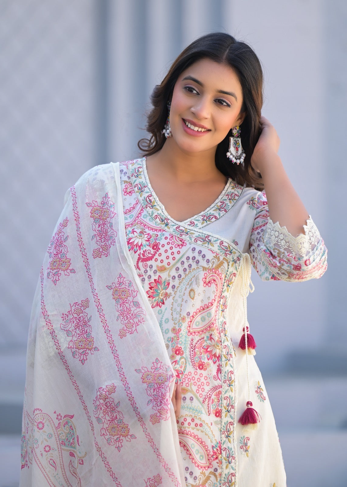 Women’s digital cotton kurta pant dupatta set with thread embroidery – summer ethnic wear