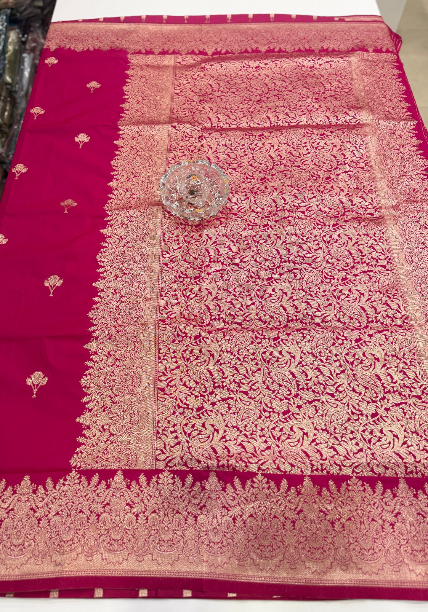 Soft silk saree with woven floral border and contrast brocade blouse piece