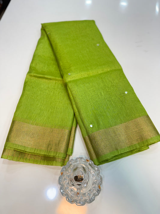 Pure Tissue 150 Count Linen Handloom Saree with Handwork and Running Blouse for Women