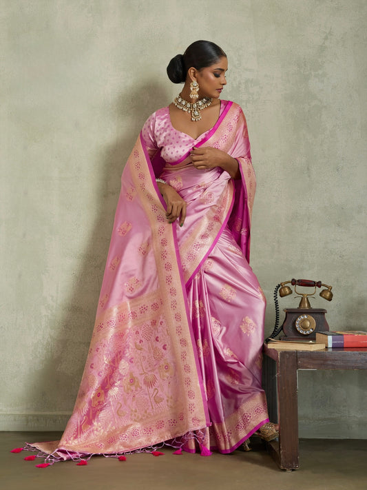 Satin Silk Saree with Zari Weaving and Meenakari Pallu for Women
