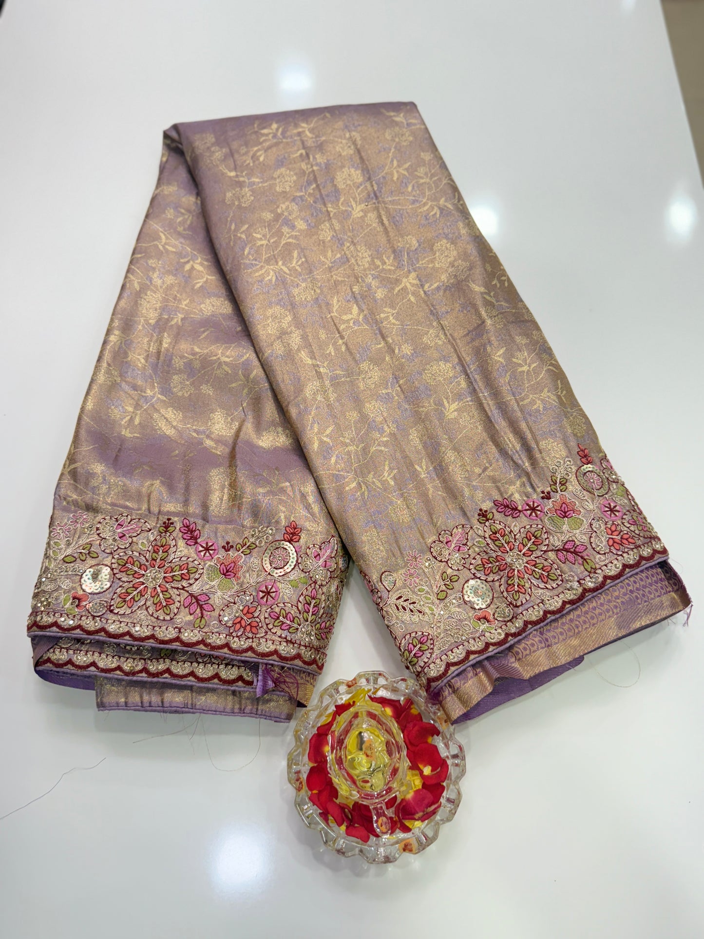 Tissue Silk Saree with Embroidery, Sequin, and Mirror Work Border – Festive Saree for Women