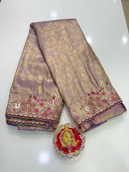 Tissue Silk Saree with Embroidery, Sequin, and Mirror Work Border – Festive Saree for Women