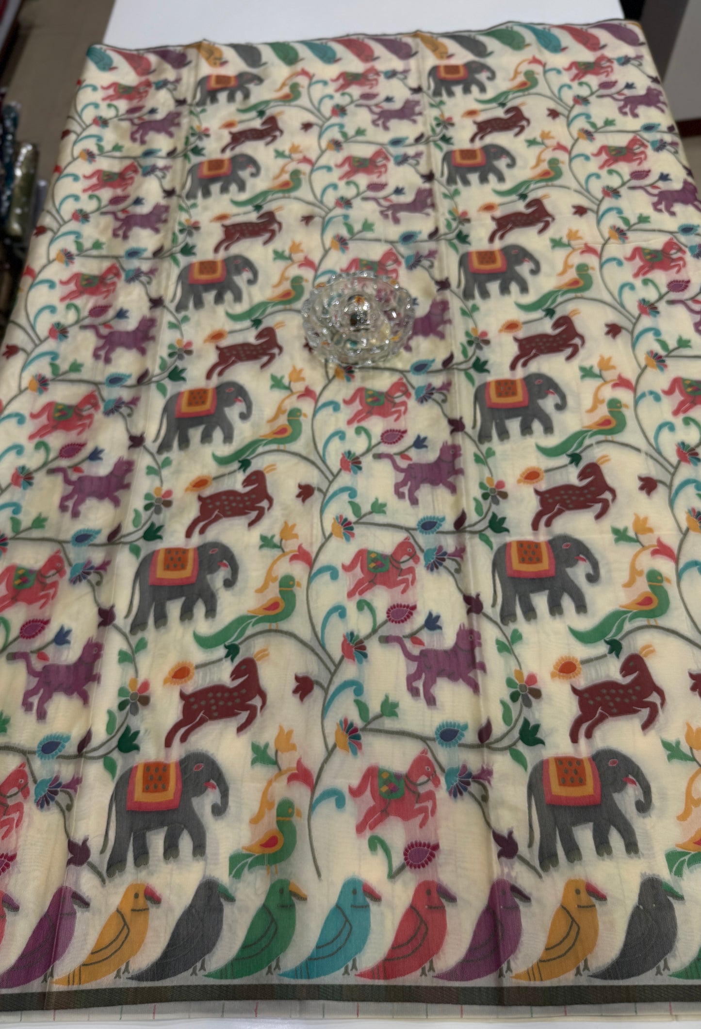 Soft silk printed saree with multicolour ethnic motifs and contrast blouse piece