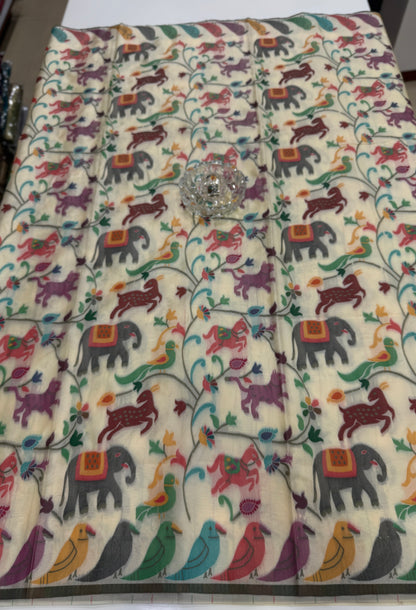 Soft silk printed saree with multicolour ethnic motifs and contrast blouse piece