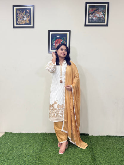 Cotton Dobby Kurti Afghani Pant Dupatta Set with Mirror Hand Work and Chiffon Dupatta for Women