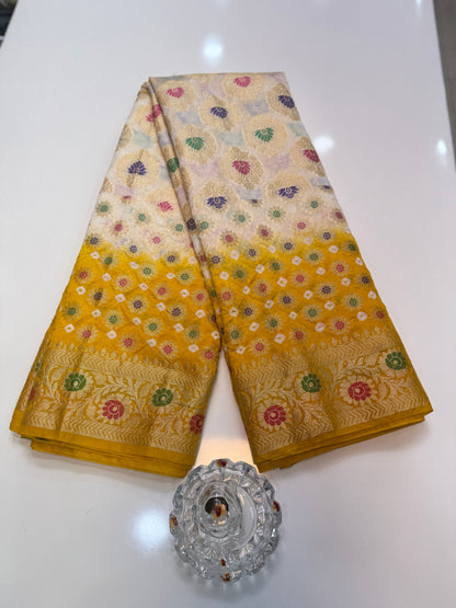 Banarasi dupiyan bandhani saree with semi-weaving neemjari work and hand chunri craftsmanship