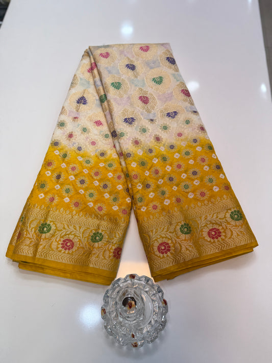 Banarasi dupiyan bandhani saree with semi-weaving neemjari work and hand chunri craftsmanship