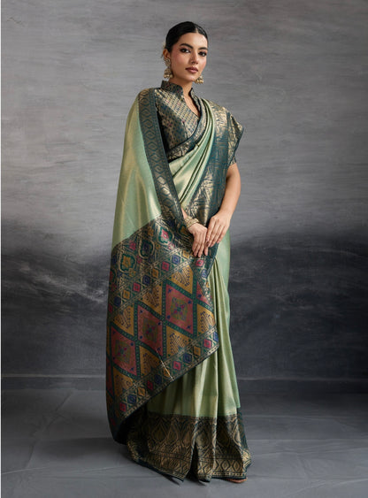 Kanjivaram Soft Silk Saree with Double Zari Weaving and Meenakari Pallu for Women