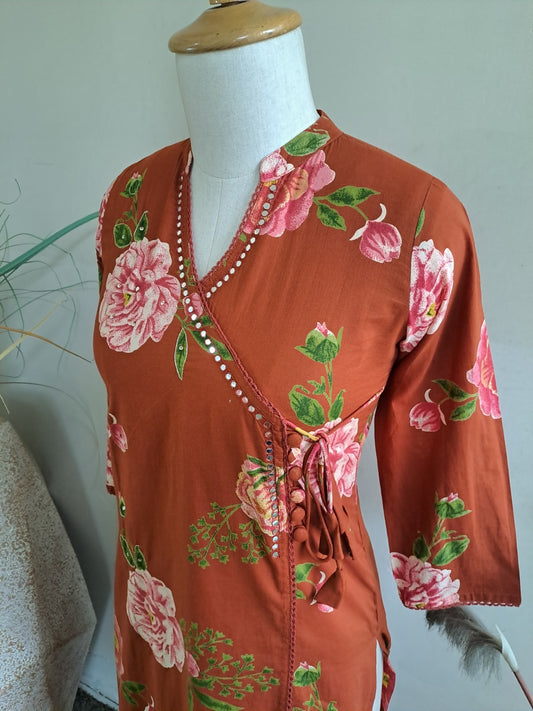Rust Orange Cotton Kurta Pant Dupatta Set with Floral Print and Flex Mirror Embroidery – Women’s Ethnic Wear
