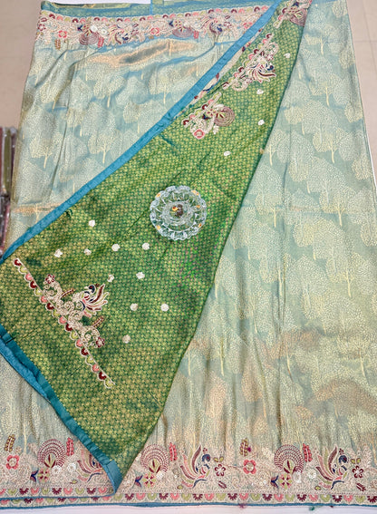 Tissue Silk Saree with Embroidery, Sequin, and Mirror Work Border – Festive Saree for Women