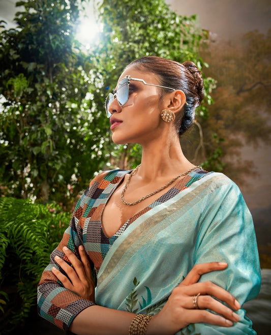 Soft Linen Tissue Saree with Hand Brush Print and Kalamkari Blouse – Festive and Wedding Wear